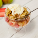 rhubarb and apple crumble in a bowl