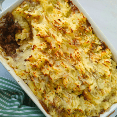 homemade cottage pie, minced beef top with mashed potato