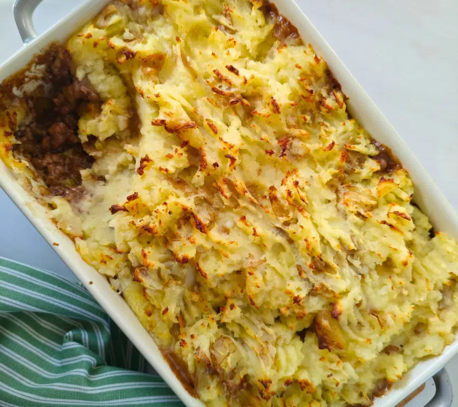 homemade cottage pie, minced beef top with mashed potato