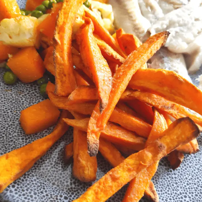 sweet poato fries with fish and roasted veg