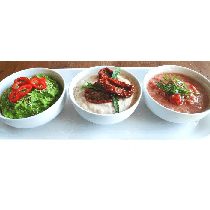 set of three dip butter bean tomato salsa and pea