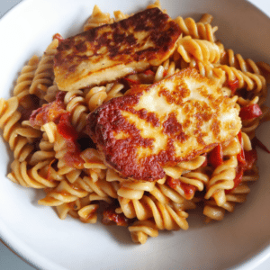crispy halloumi on top of spiral pasta in tomato sauce