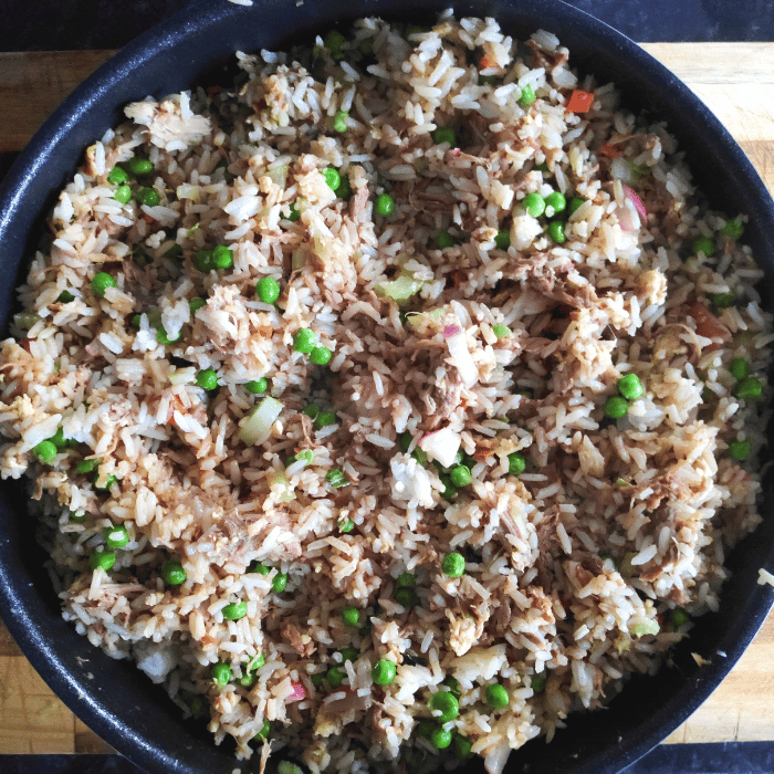pulled pork egg fried rice in one pan