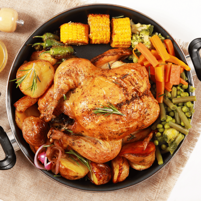 roast chicken served with roast vegetables uk