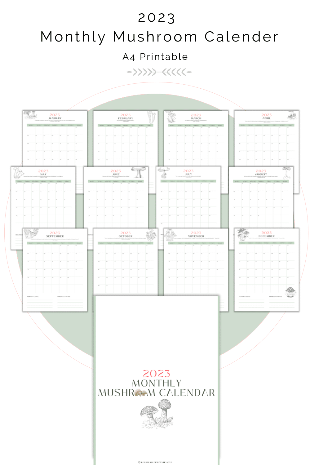 monthly printable calendar for 2023 a4 with mushroom art