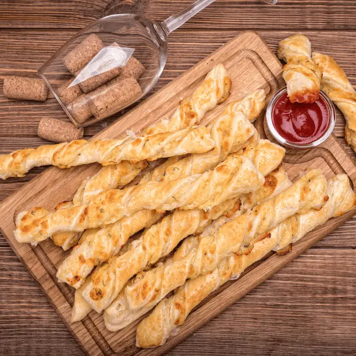 cheese straws with puff pastry on a serving board uk