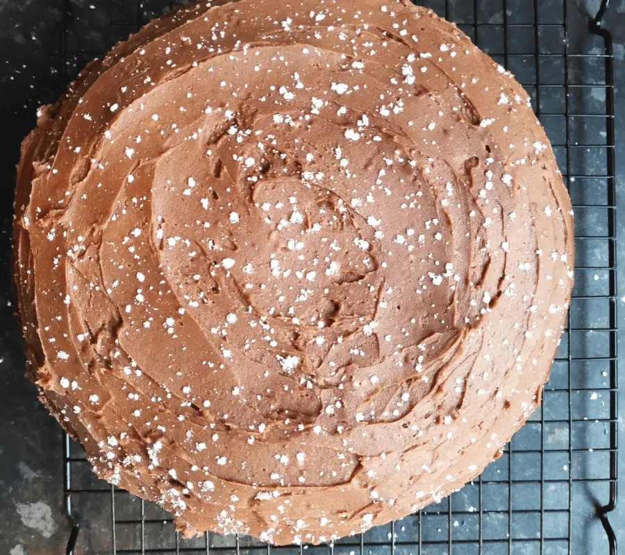 chocolate yoghurt cake with chocolate buttercream on top dusted with icing sugar