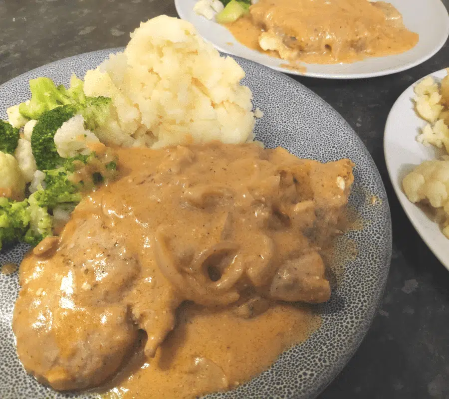 pork shoulder steak in a creamy onion sauce