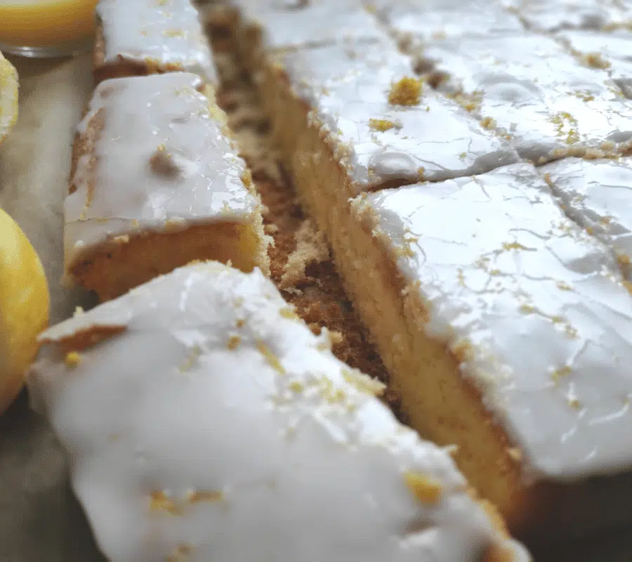 traybake slices of double lemon cake
