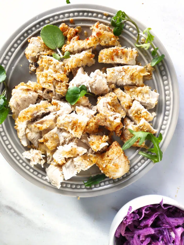 sliced crispy chicken breast cooked in the air fryer