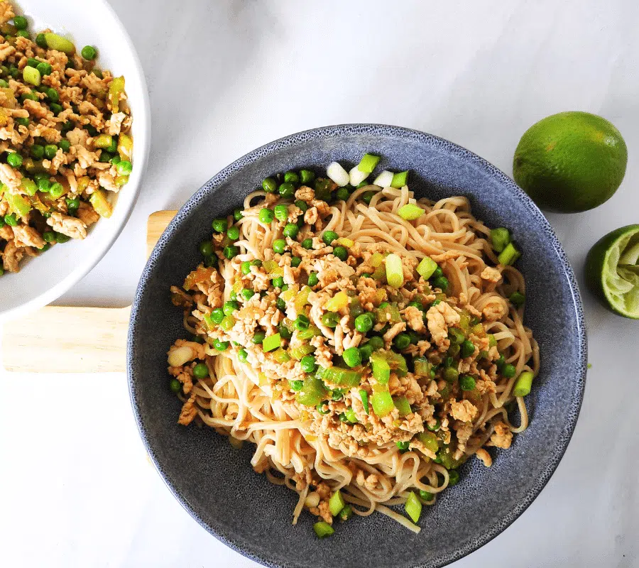 healthy turkey mince recipe on top of noodles