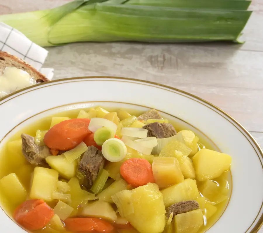 Welsh Cawl soup - chunky potatoes, carrots and leeks