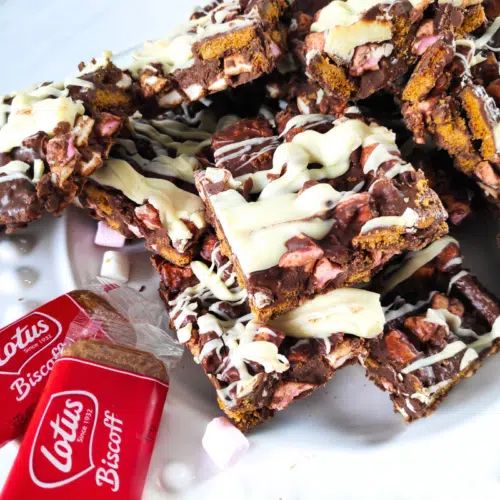 uk recipe biscoff rocky roads with milk, dark, and white chocolate
