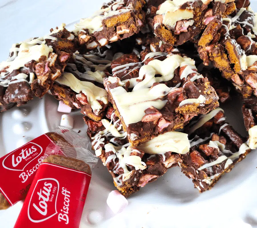 uk recipe biscoff rocky roads with milk, dark, and white chocolate