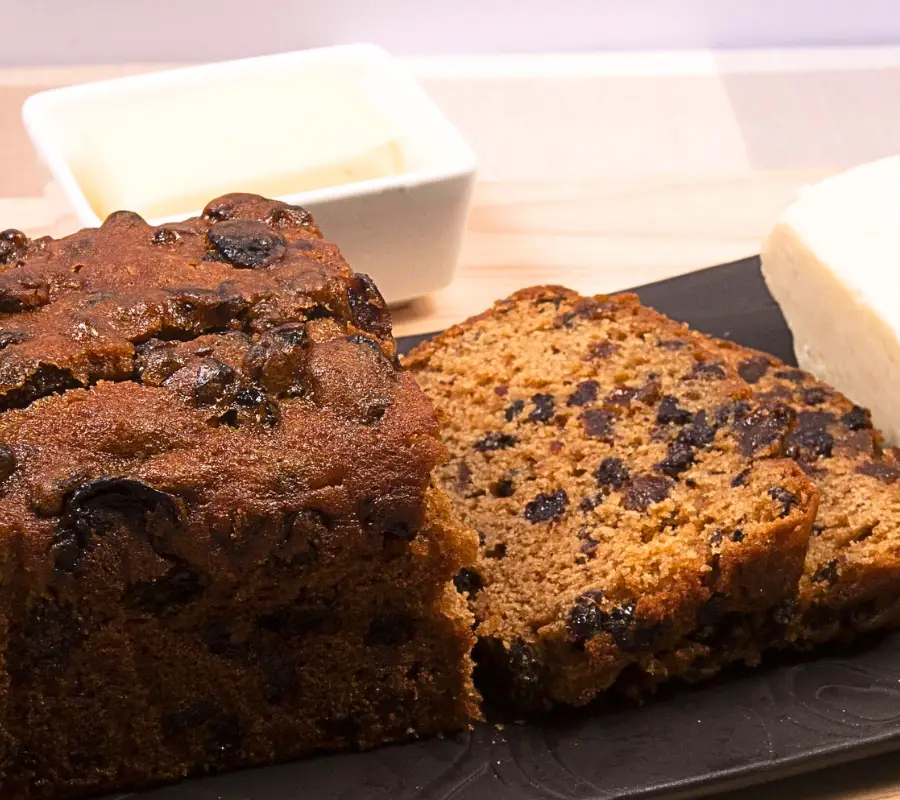 bara brith cake loaf teabread with butter and cheese uk recipe