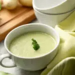 creamy leak and potato soup in a white bowl