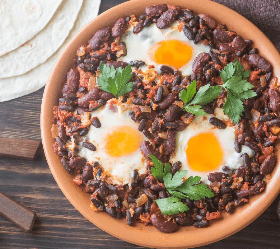 beans and egg in a chipotle bowl
