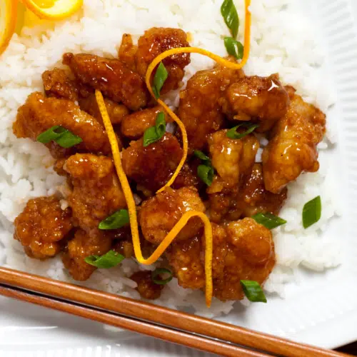 orange chicken with white fluffy rice UK RECIPE
