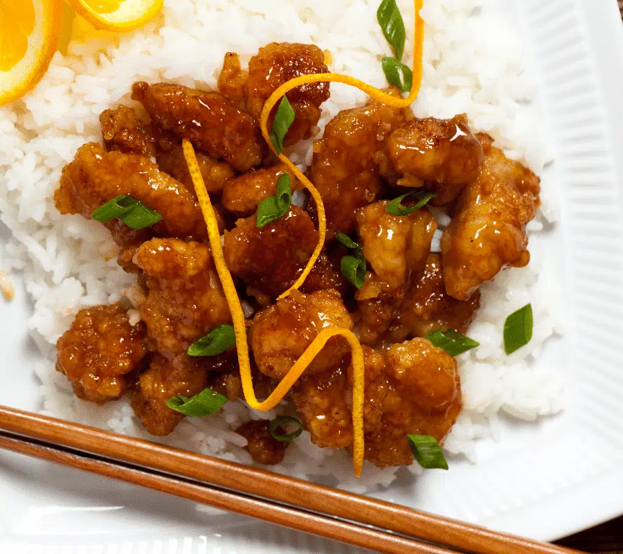 orange chicken with white fluffy rice UK RECIPE