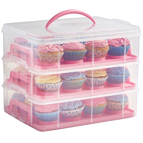 3 layered cupcake carrier with pink handle