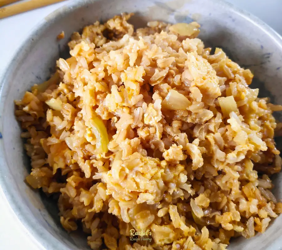 homemade egg fried rice in a grey bowl