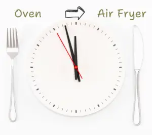 clock with knife and fork at the side of it with oven to air fryer title