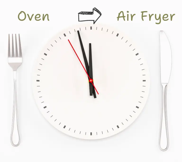 clock with knife and fork at the side of it with oven to air fryer title