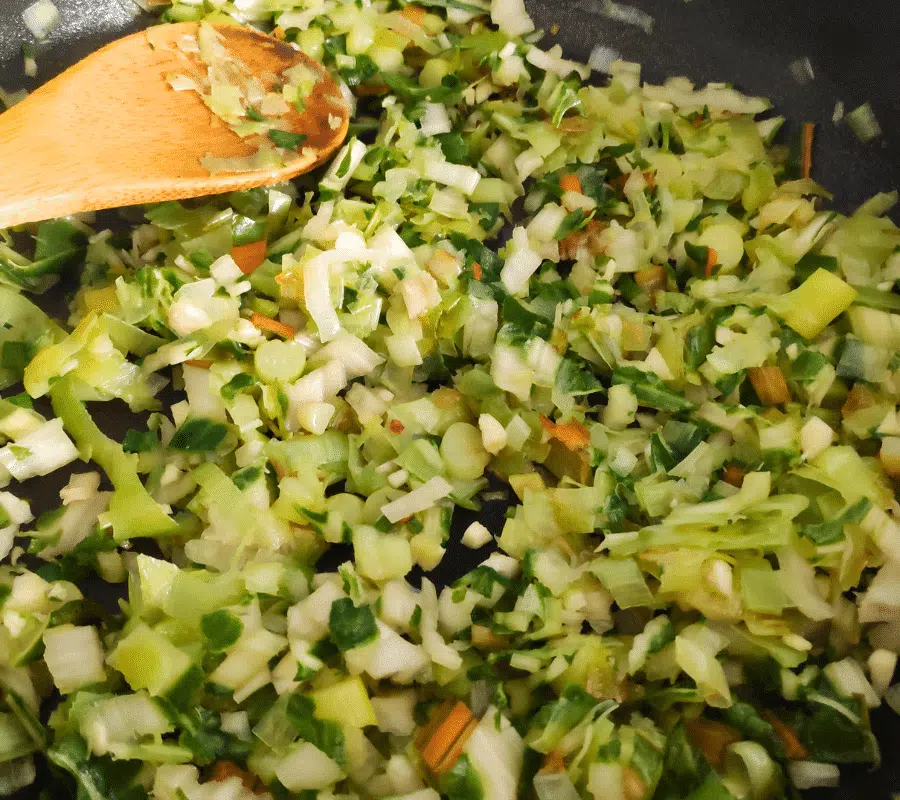 leek and chard stems frying