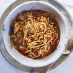 chicken noodle stew in a bowl