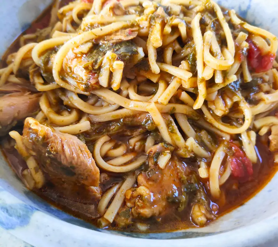 chicken thigh noodle stew in a bowl