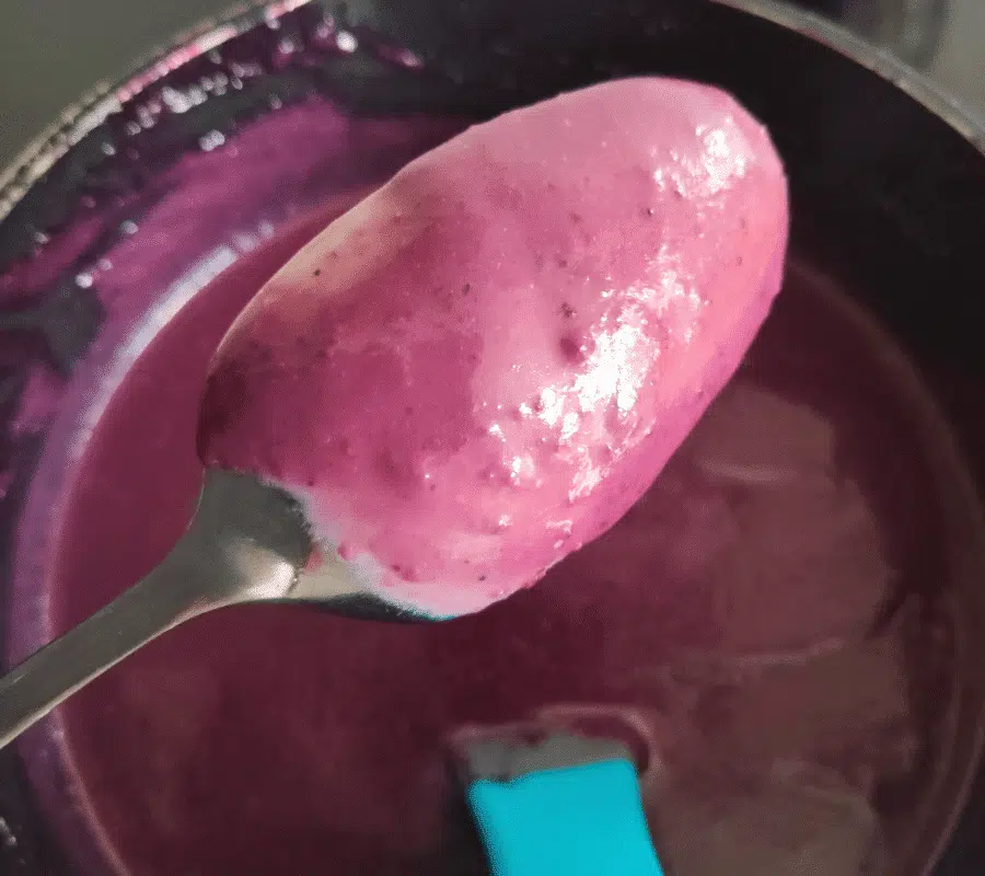 coating a spoon with blueberry curd