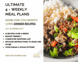 image of a mince beef meal with rice on the left and writing on the rights about month long meal plan