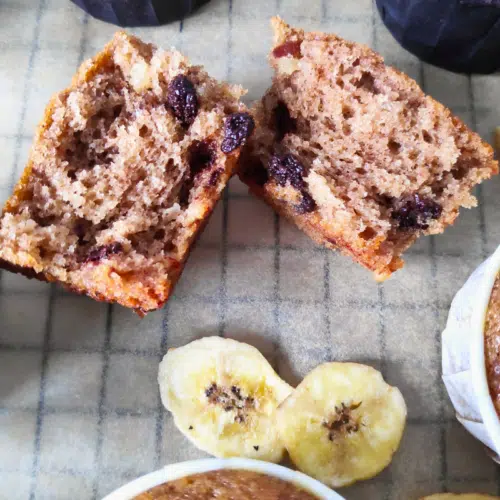 banana and date muffin cut in half