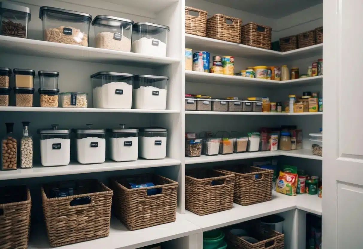 A neatly organized pantry with labeled containers, baskets, and shelves for efficient storage of food items