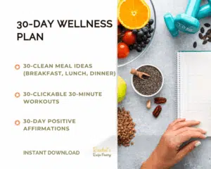 30 day wellness plan mockup. image on the right with diet ingredients and left is writing about the wellness plan challenge