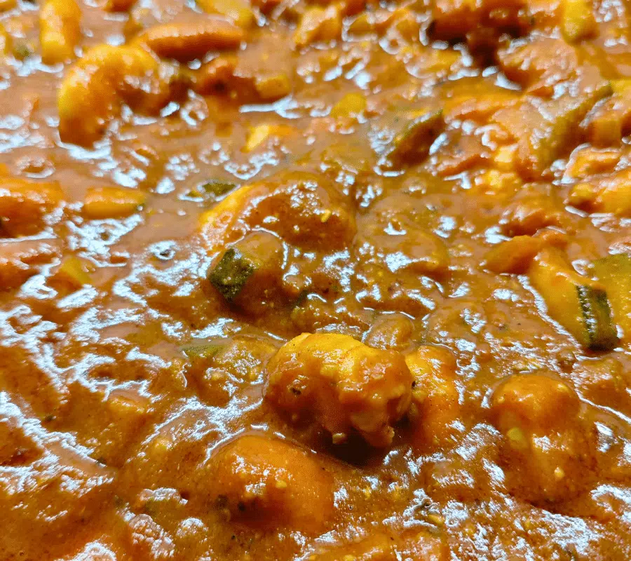 close up of spicy prawn ragu in a pan