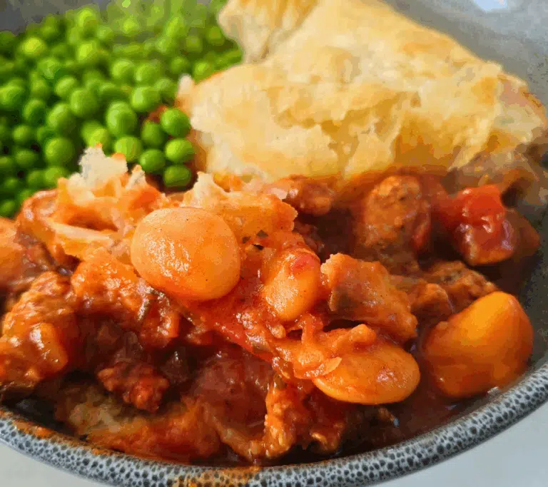 sausage abd butterbean puff pastry pie in a bowl with peas