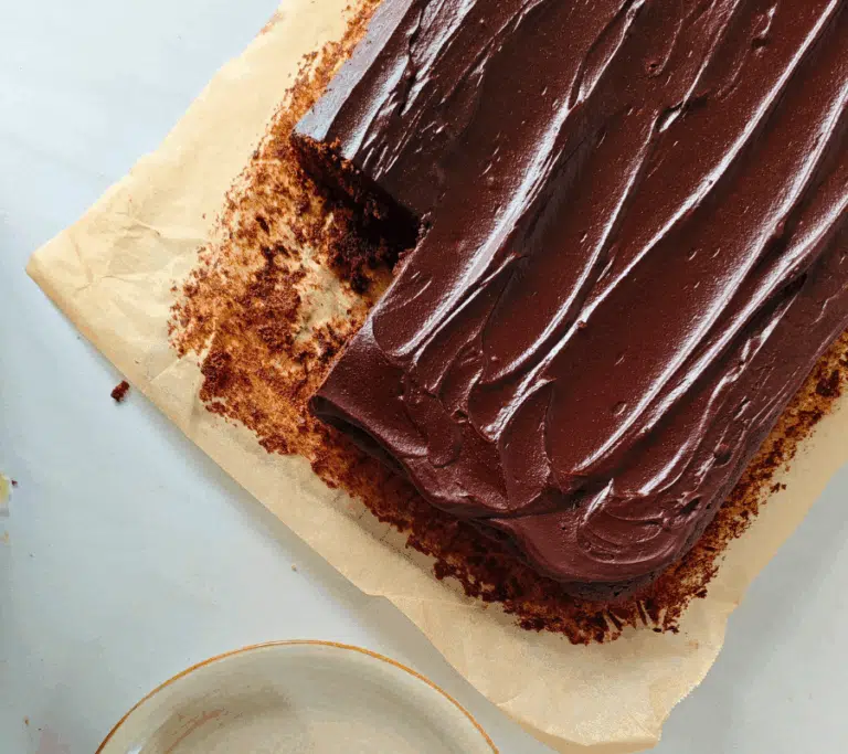 chocolate traybake on a piece of baking paper