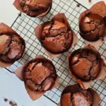 double chocolate chip muffins on a black wire rack