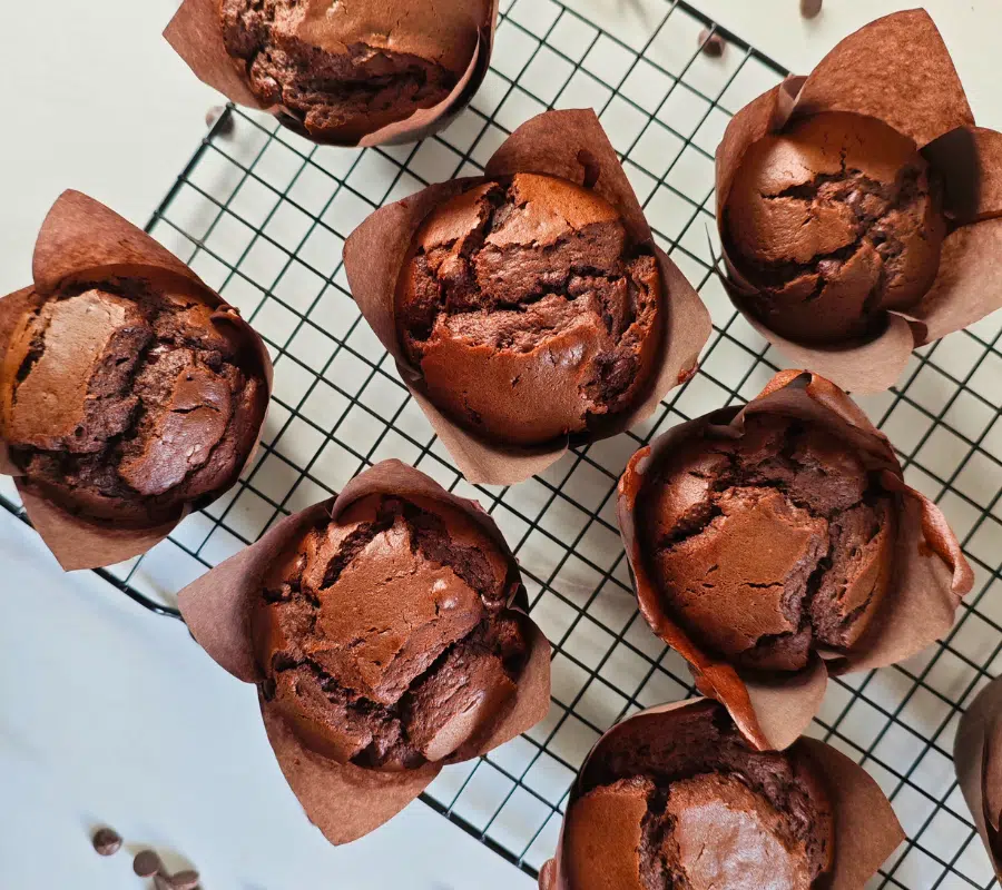 double chocolate chip muffins on a black wire rack