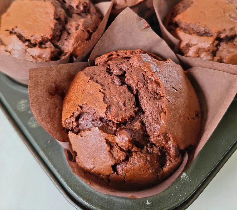 choc chip muffins in a muffin baking tin