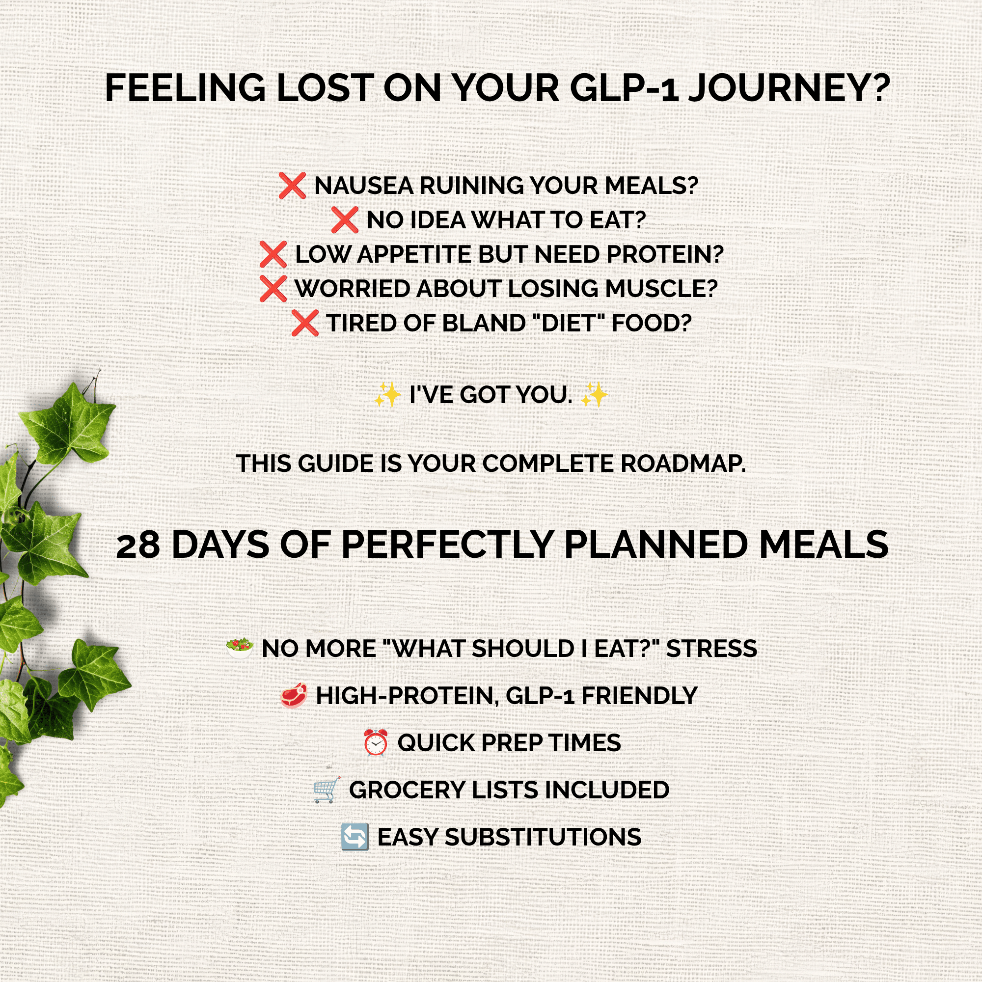 30-day GLP-1 meal plan printable showing daily breakfast, lunch and dinner schedule with high-protein meals for Ozempic and Wegovy users