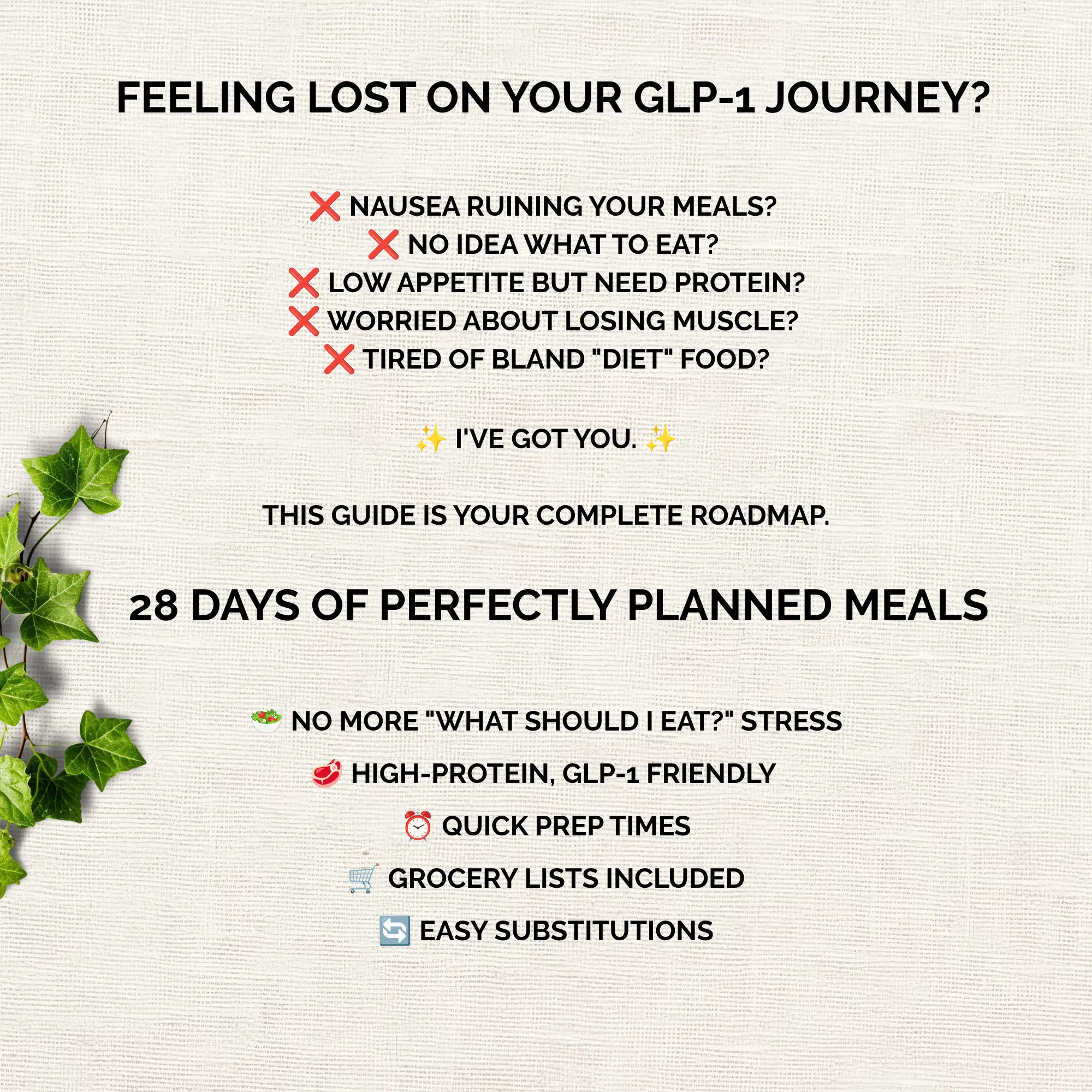 30-day GLP-1 meal plan printable showing daily breakfast, lunch and dinner schedule with high-protein meals for Ozempic and Wegovy users