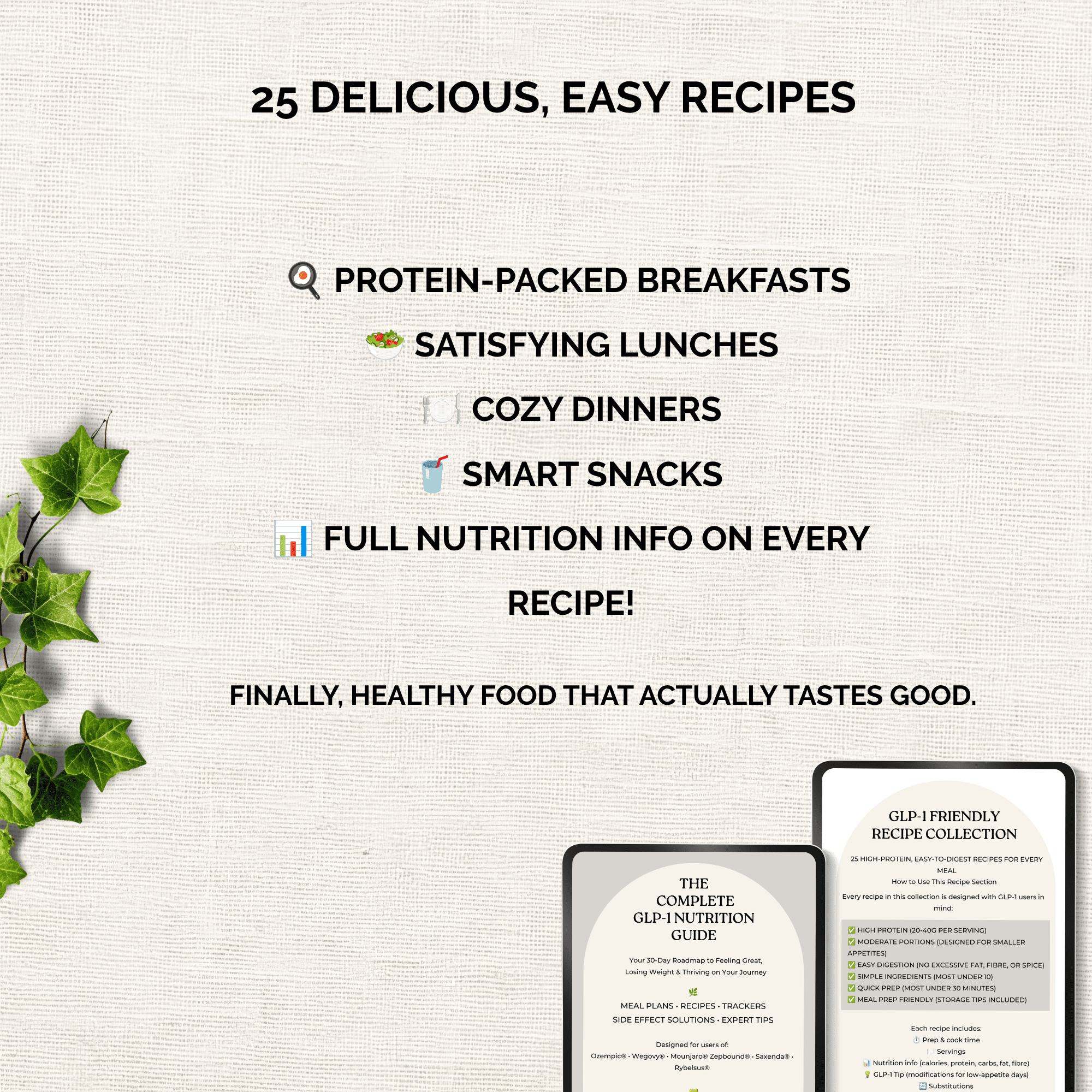 GLP-1 friendly recipe pages with nutrition information, prep times and ingredient lists for high-protein meals on Mounjaro and Zepbound