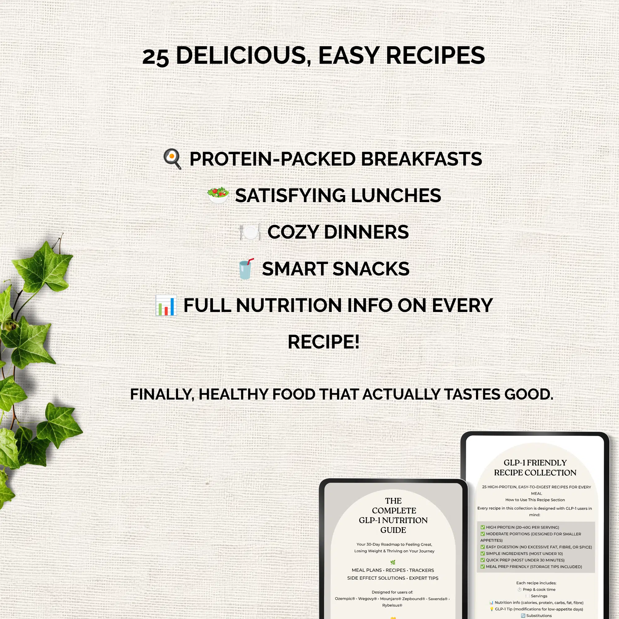 GLP-1 friendly recipe pages with nutrition information, prep times and ingredient lists for high-protein meals on Mounjaro and Zepbound