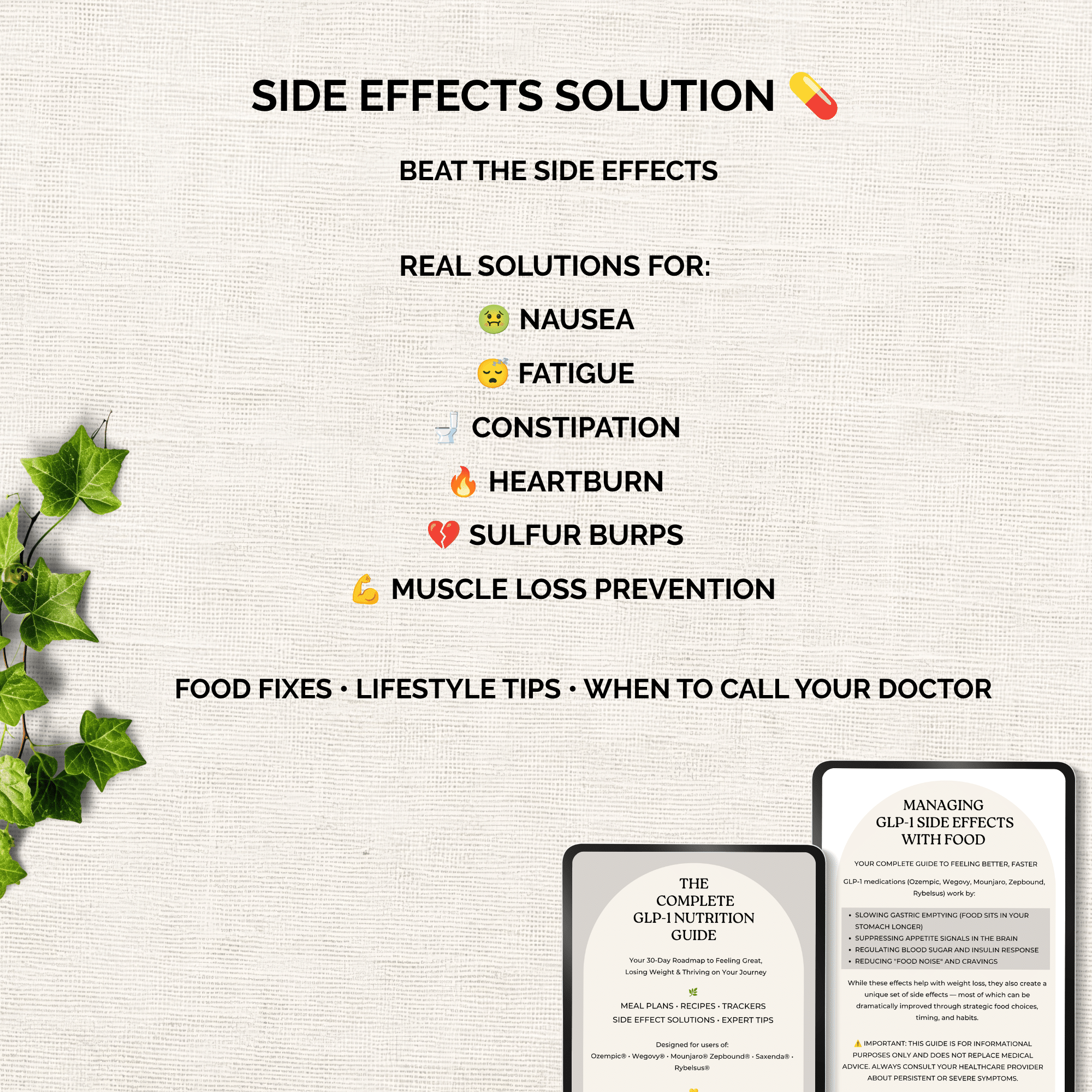 GLP-1 side effects survival guide showing food-based solutions for nausea, constipation and fatigue on weight loss medications