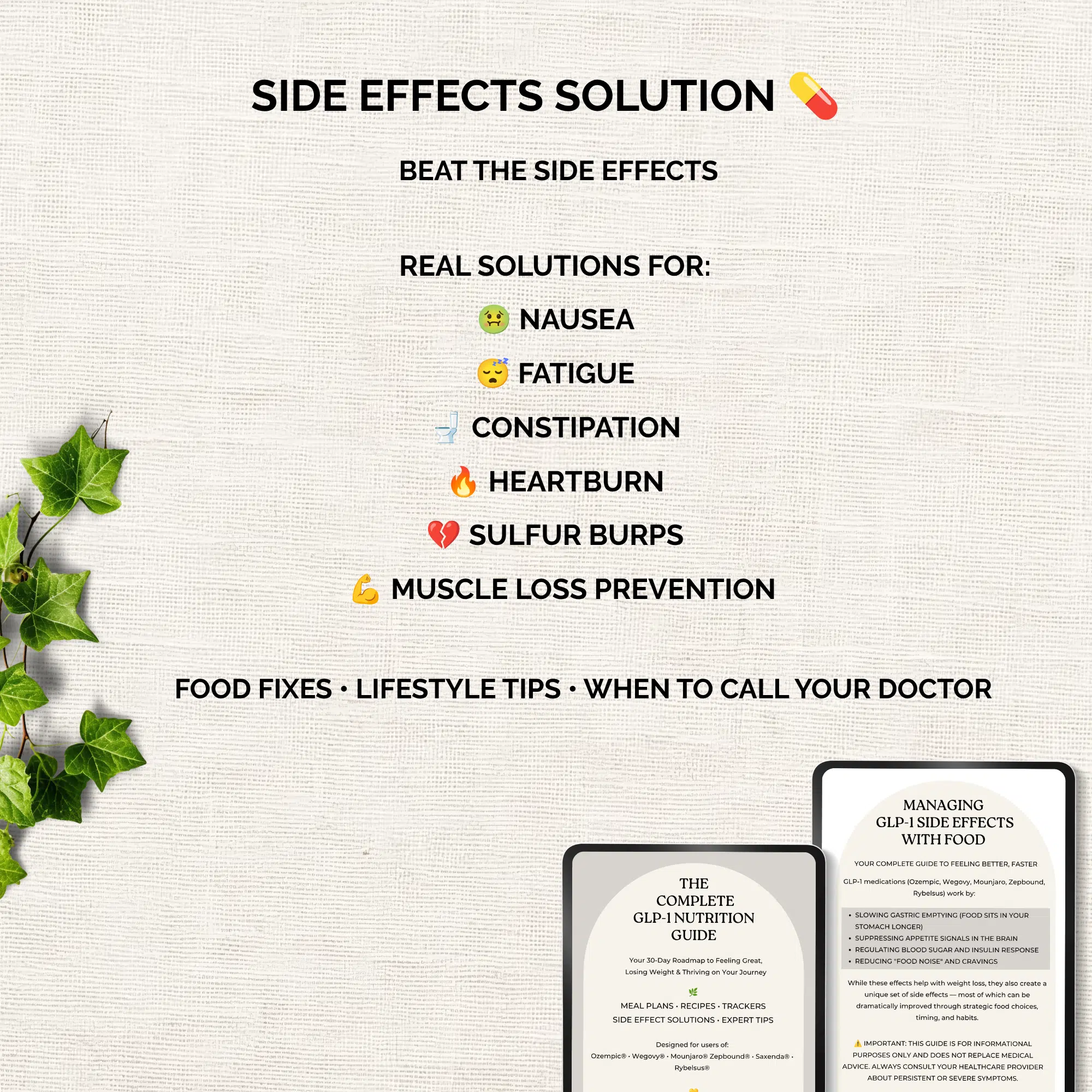 GLP-1 side effects survival guide showing food-based solutions for nausea, constipation and fatigue on weight loss medications