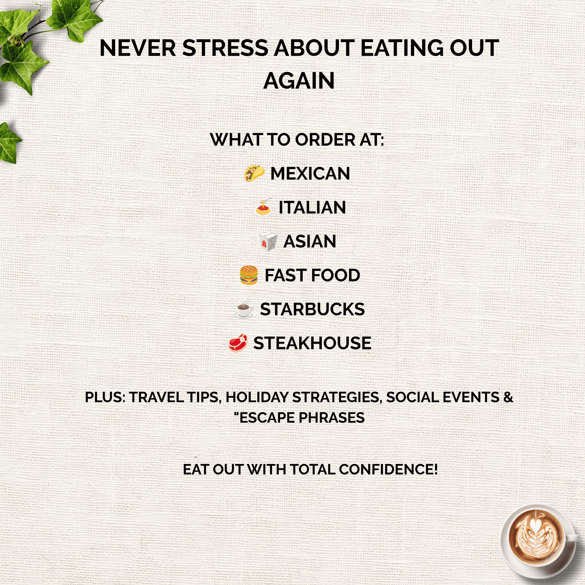 GLP-1 restaurant guide and eating out cheat sheet with menu recommendations for Italian, Mexican, Asian and fast food while on Ozempic