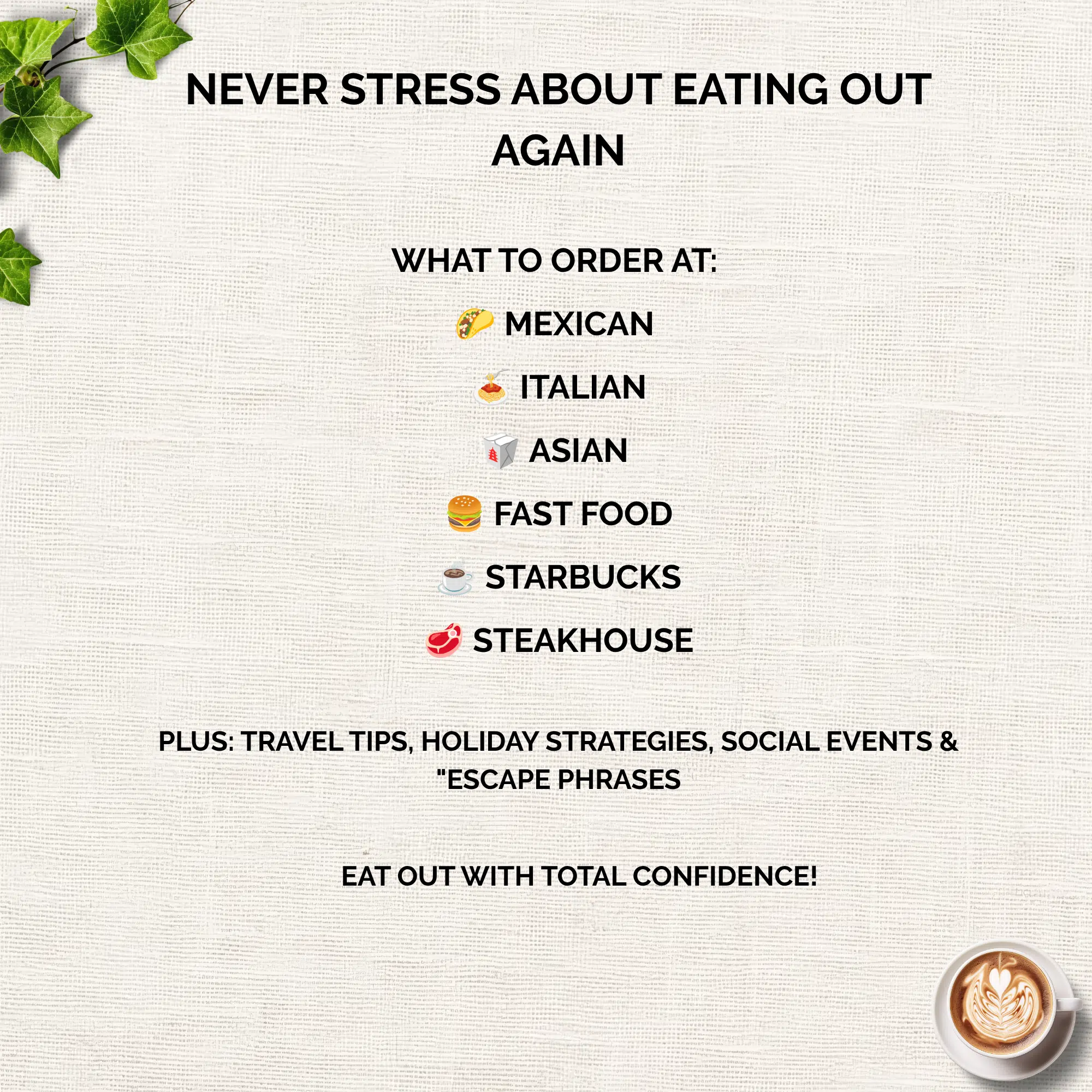 GLP-1 restaurant guide and eating out cheat sheet with menu recommendations for Italian, Mexican, Asian and fast food while on Ozempic