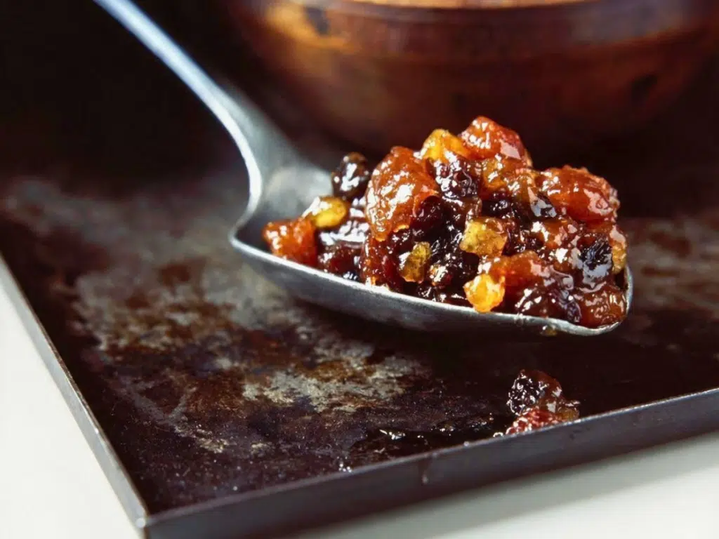homemade fruit mincemeat on a silver spoon